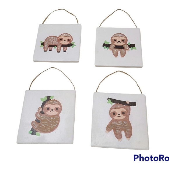Sloth Nursery Decor Wall Plaques Set/4 Ceramic Handmade Neutral Baby Room Decor - Picture 1 of 1